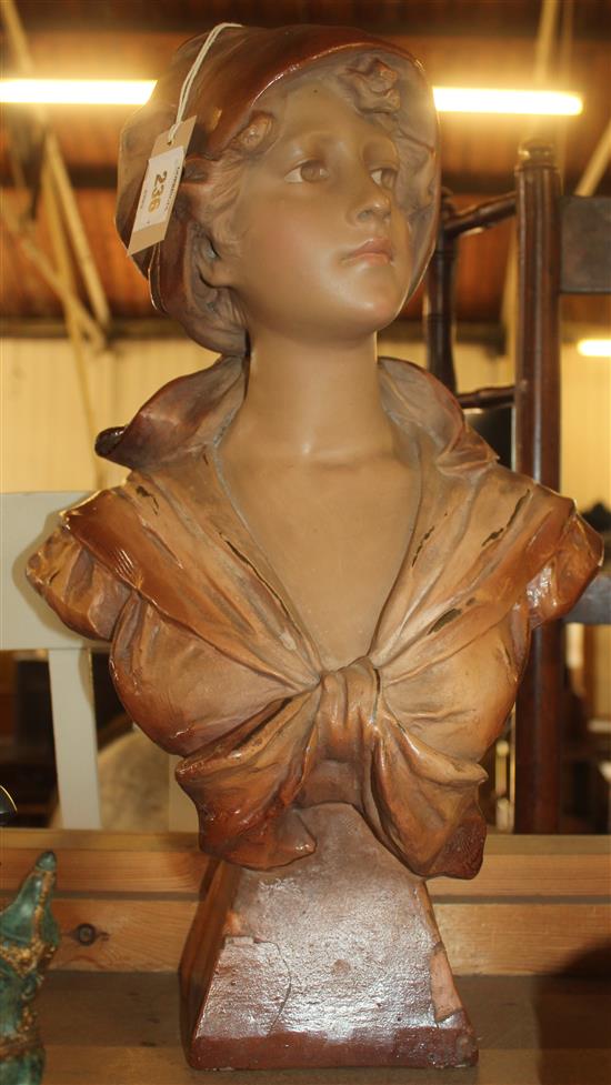 An early 20th century French terracotta bust of a young lady, 21in.(-)